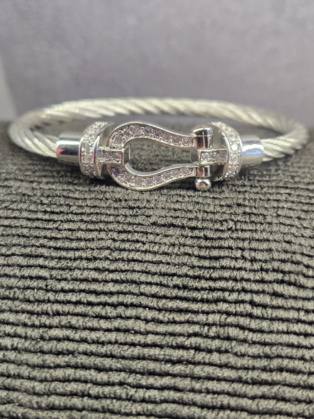 Silver Cable Bracelet Crystal Stirrup Buckle Clasp One Size